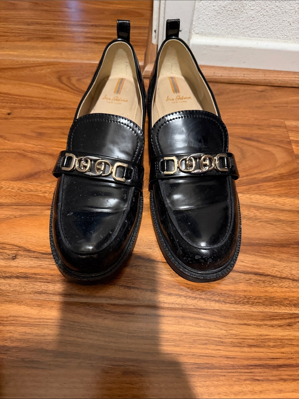 Sam Edelman Black Patent Loafers with Gold Chain Trim